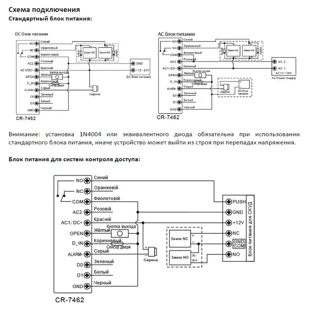 Схема подключения контроллера системы контроля доступа SEVEN CR-7462w EM-Marin